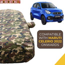 Autofact Celerio New Model Car Cover - TearTough - Dog Proof / Waterproof Car Body Cover for Maruti Celerio New Model - With Mirror Pockets, Triple Stitched, Bottom Fully Elastic, Adjustable Belt and Buckle (Jungle Print 4x4)