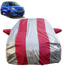 Autofact Celerio New Model Car Cover - FlexGuard - Waterproof Car Body Cover for Maruti Celerio New Model - With Mirror Pockets, Triple Stitched, Bottom Fully Elastic, Adjustable Belt and Buckle (Silver / Pink Stripes)