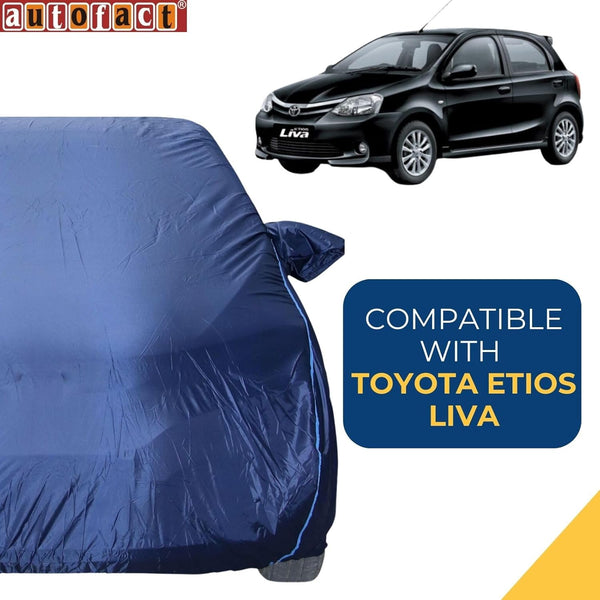 Autofact Etios Liva Car Cover - CoreProtect - Water Resistant Car Body Cover for Toyota Etios Liva - With Mirror Pockets, Triple Stitched, Bottom Fully Elastic, Adjustable Belt and Buckle (Navy 210D)