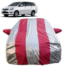 Autofact Innova Old Model Car Cover - FlexGuard - Waterproof Car Body Cover for Toyota Innova Old Model - With Mirror Pockets, Triple Stitched, Bottom Fully Elastic, Adjustable Belt and Buckle (Silver / Pink Stripes)
