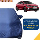 Autofact Virtus Car Cover - CoreProtect - Water Resistant Car Body Cover for Volkswagen Virtus - With Mirror Pockets, Triple Stitched, Bottom Fully Elastic, Adjustable Belt and Buckle (Navy 210D)