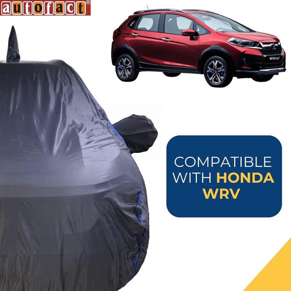 Autofact WRV Car Cover - CoreProtect - Water Resistant Car Body Cover for Honda WRV - With Mirror & Antenna Pockets, Triple Stitched, Bottom Fully Elastic, Adjustable Belt and Buckle (Grey 210D)