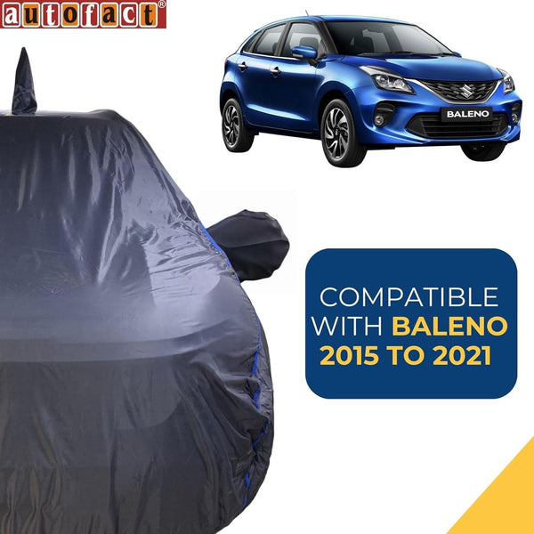 Autofact Baleno Car Cover - CoreProtect - Water Resistant Car Body Cover for Maruti Baleno - With Mirror & Antenna Pockets, Triple Stitched, Bottom Fully Elastic, Adjustable Belt and Buckle (Grey 210D)