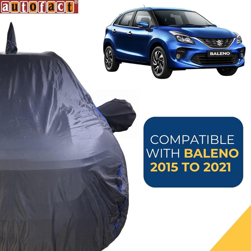 Autofact Baleno Car Cover - CoreProtect - Water Resistant Car Body Cover for Maruti Baleno - With Mirror & Antenna Pockets, Triple Stitched, Bottom Fully Elastic, Adjustable Belt and Buckle (Grey 210D)