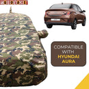 Autofact Aura Car Cover - TearTough - Dog Proof / Waterproof Car Body Cover for Hyundai Aura - With Mirror & Antenna Pockets, Triple Stitched, Bottom Fully Elastic, Adjustable Belt and Buckle (Jungle Print 4x4)