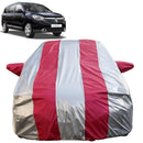Autofact Lodgy Car Cover - FlexGuard - Waterproof Car Body Cover for Renaults Lodgy - With Mirror Pockets, Triple Stitched, Bottom Fully Elastic, Adjustable Belt and Buckle (Silver / Pink Stripes)