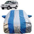 Autofact Safari Car Cover - FlexGuard - Waterproof Car Body Cover for Tata Safari - With Mirror Pockets, Triple Stitched, Bottom Fully Elastic, Adjustable Belt and Buckle (Silver / Blue Stripes)
