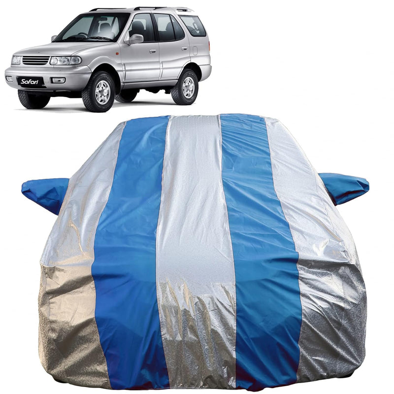 Autofact Safari Car Cover - FlexGuard - Waterproof Car Body Cover for Tata Safari - With Mirror Pockets, Triple Stitched, Bottom Fully Elastic, Adjustable Belt and Buckle (Silver / Blue Stripes)