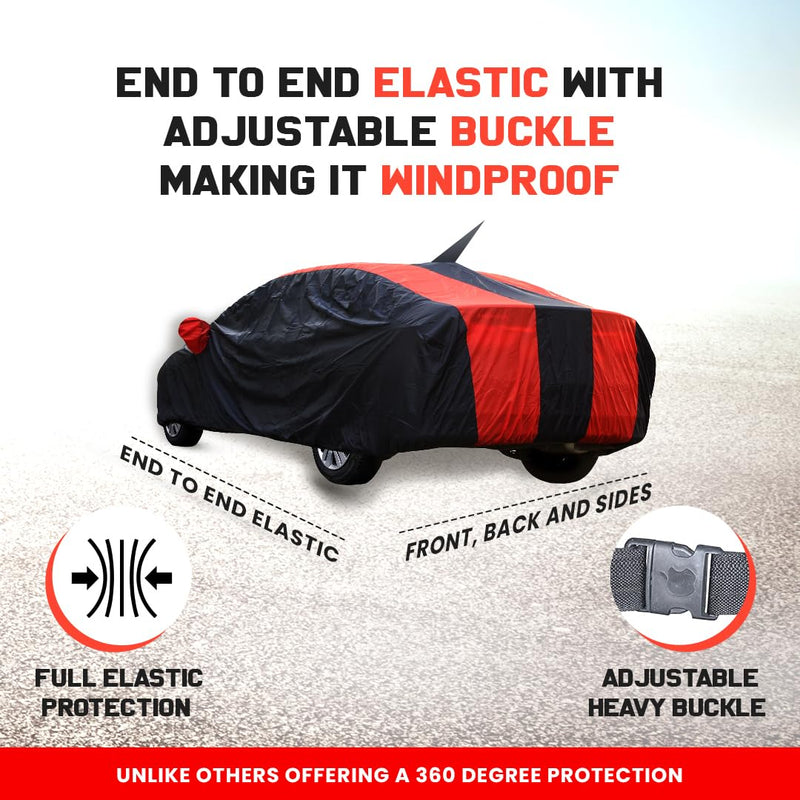 Autofact Swift Car Cover - EasyShield - Car Body Cover for Maruti Swift - With Mirror Pockets, Triple Stitched, Bottom Fully Elastic, Adjustable Belt and Buckle (Red Blue Stripes)