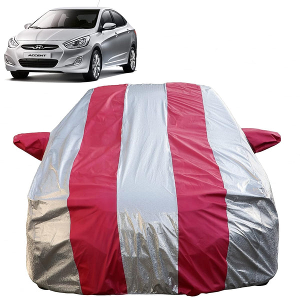 Autofact Accent Car Cover - FlexGuard - Waterproof Car Body Cover for Hyundai Accent - With Mirror Pockets, Triple Stitched, Bottom Fully Elastic, Adjustable Belt and Buckle (Silver / Pink Stripes)
