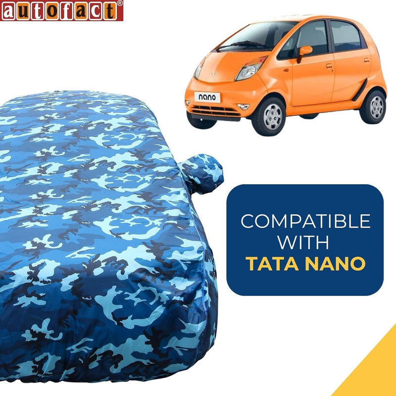Autofact Nano Car Cover - TearTough - Dog Proof / Waterproof Car Body Cover for Tata Nano - With Mirror Pockets, Triple Stitched, Bottom Fully Elastic, Adjustable Belt and Buckle (Airforce Blue 4x4)