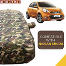 Autofact Micra Car Cover - TearTough - Dog Proof / Waterproof Car Body Cover for Nissan Micra - With Mirror Pockets, Triple Stitched, Bottom Fully Elastic, Adjustable Belt and Buckle (Jungle Print 4x4)