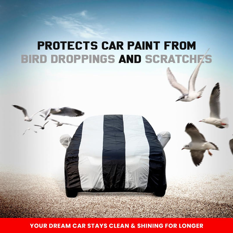 Autofact Scorpio Car Cover - EasyShield - Car Body Cover for Mahindra Scorpio - With Mirror Pockets, Triple Stitched, Bottom Fully Elastic, Adjustable Belt and Buckle (White Blue Stripes)