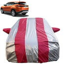 Autofact Harrier Car Cover - FlexGuard - Waterproof Car Body Cover for Tata Harrier - With Mirror Pockets, Triple Stitched, Bottom Fully Elastic, Adjustable Belt and Buckle (Silver / Pink Stripes)