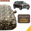 Autofact Alcazar Car Cover - TearTough - Dog Proof / Waterproof Car Body Cover for Hyundai Alcazar - With Mirror Pockets, Triple Stitched, Bottom Fully Elastic, Adjustable Belt and Buckle (Jungle Print 4x4)
