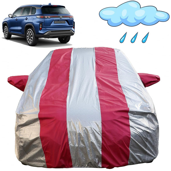 Autofact Grand Vitara Car Cover - FlexGuard - Waterproof Car Body Cover for Maruti Grand Vitara - With Mirror Pockets, Triple Stitched, Bottom Fully Elastic, Adjustable Belt and Buckle (Silver / Pink Stripes)