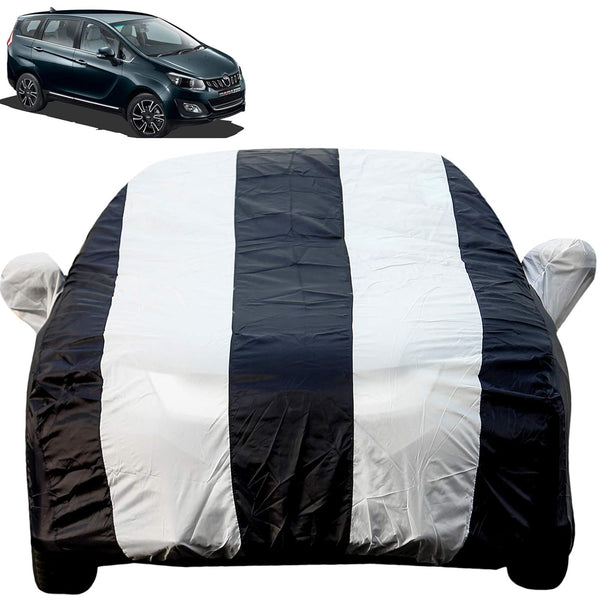 Autofact Marazzo Car Cover - EasyShield - Car Body Cover for Mahindra Marazzo - With Mirror Pockets, Triple Stitched, Bottom Fully Elastic, Adjustable Belt and Buckle (White Blue Stripes)