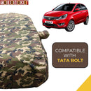 Autofact Bolt Car Cover - TearTough - Dog Proof / Waterproof Car Body Cover for Tata Bolt - With Mirror Pockets, Triple Stitched, Bottom Fully Elastic, Adjustable Belt and Buckle (Jungle Print 4x4)