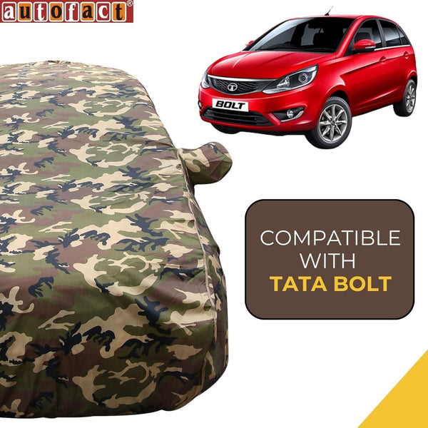 Autofact Bolt Car Cover - TearTough - Dog Proof / Waterproof Car Body Cover for Tata Bolt - With Mirror Pockets, Triple Stitched, Bottom Fully Elastic, Adjustable Belt and Buckle (Jungle Print 4x4)