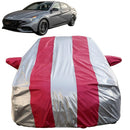 Autofact New Verna Car Cover - FlexGuard - Waterproof Car Body Cover for Hyundai New Verna - With Mirror Pockets, Triple Stitched, Bottom Fully Elastic, Adjustable Belt and Buckle (Silver / Pink Stripes)
