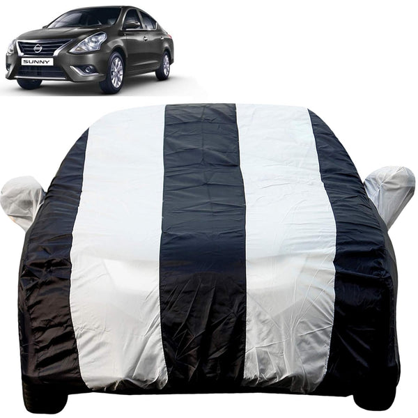 Autofact Sunny Car Cover - EasyShield - Car Body Cover for Nissan Sunny - With Mirror Pockets, Triple Stitched, Bottom Fully Elastic, Adjustable Belt and Buckle (White Blue Stripes)