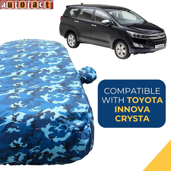 Autofact Innova Crysta Car Cover - TearTough - Dog Proof / Waterproof Car Body Cover for Toyota Innova Crysta - With Mirror Pockets, Triple Stitched, Bottom Fully Elastic, Adjustable Belt and Buckle (Airforce Blue 4x4)