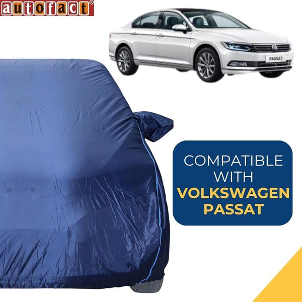 Autofact Passat Car Cover - CoreProtect - Water Resistant Car Body Cover for Volkswagen Passat - With Mirror Pockets, Triple Stitched, Bottom Fully Elastic, Adjustable Belt and Buckle (Navy 210D)