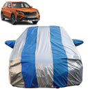 Autofact Kushaq Car Cover - FlexGuard - Waterproof Car Body Cover for Skoda Kushaq - With Mirror Pockets, Triple Stitched, Bottom Fully Elastic, Adjustable Belt and Buckle (Silver / Blue Stripes)