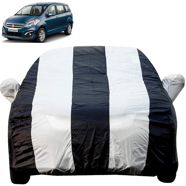 Autofact Ertiga Car Cover - EasyShield - Car Body Cover for Maruti Ertiga - With Mirror Pockets, Triple Stitched, Bottom Fully Elastic, Adjustable Belt and Buckle (White Blue Stripes)