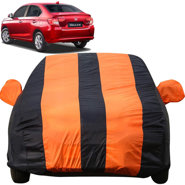 Autofact Amaze New Model Car Cover - EasyShield - Car Body Cover for Honda Amaze New Model - With Mirror Pockets, Triple Stitched, Bottom Fully Elastic, Adjustable Belt and Buckle (Orange Blue Stripes)