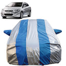 Autofact Accent Car Cover - FlexGuard - Waterproof Car Body Cover for Hyundai Accent - With Mirror Pockets, Triple Stitched, Bottom Fully Elastic, Adjustable Belt and Buckle (Silver / Blue Stripes)