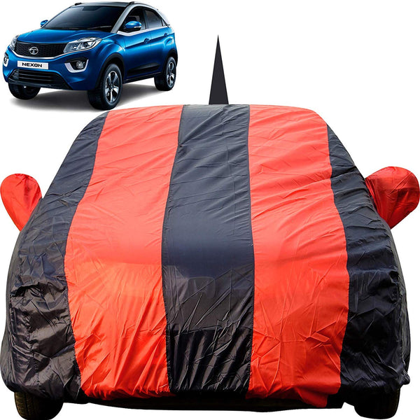 Autofact Nexon Car Cover - EasyShield - Car Body Cover for Tata Nexon - With Mirror Pockets, Triple Stitched, Bottom Fully Elastic, Adjustable Belt and Buckle (Red Blue Stripes)