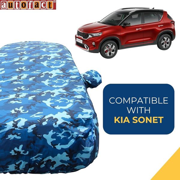 Autofact Sonet Car Cover - TearTough - Dog Proof / Waterproof Car Body Cover for Kia Sonet - With Mirror Pockets, Triple Stitched, Bottom Fully Elastic, Adjustable Belt and Buckle (Airforce Blue 4x4)