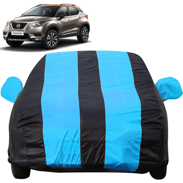 Autofact Kicks Car Cover - EasyShield - Car Body Cover for Nissan Kicks - With Mirror Pockets, Triple Stitched, Bottom Fully Elastic, Adjustable Belt and Buckle (Teak Blue Stripes)