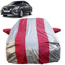 Autofact Sunny Car Cover - FlexGuard - Waterproof Car Body Cover for Nissan Sunny - With Mirror Pockets, Triple Stitched, Bottom Fully Elastic, Adjustable Belt and Buckle (Silver / Pink Stripes)