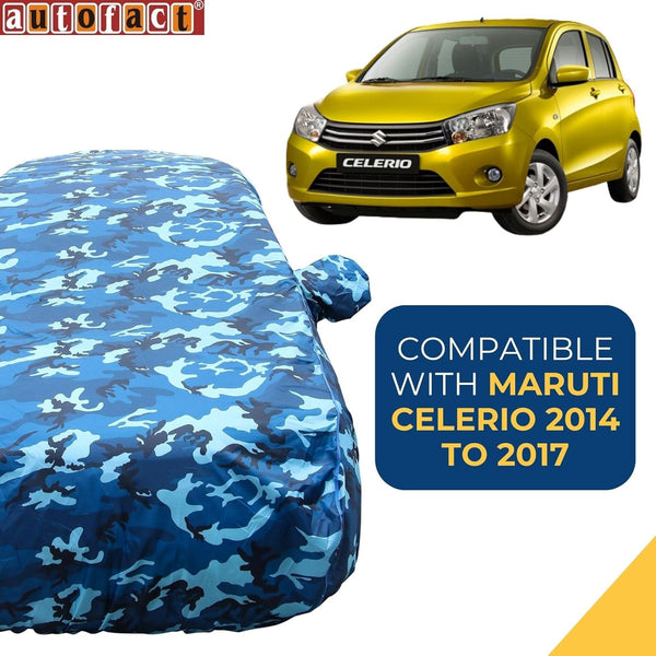 Autofact Celerio Old Model Car Cover - TearTough - Dog Proof / Waterproof Car Body Cover for Maruti Celerio Old Model - With Mirror Pockets, Triple Stitched, Bottom Fully Elastic, Adjustable Belt and Buckle (Airforce Blue 4x4)