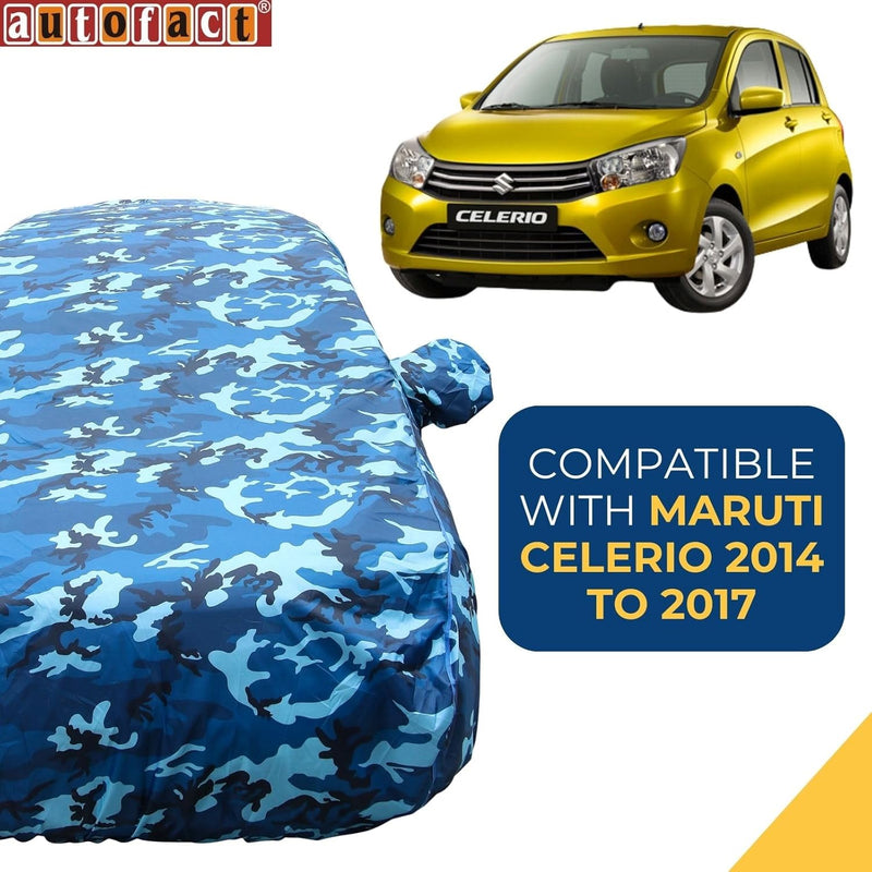 Autofact Celerio Old Model Car Cover - TearTough - Dog Proof / Waterproof Car Body Cover for Maruti Celerio Old Model - With Mirror Pockets, Triple Stitched, Bottom Fully Elastic, Adjustable Belt and Buckle (Airforce Blue 4x4)