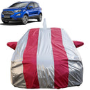 Autofact Ecosport Car Cover - FlexGuard - Waterproof Car Body Cover for Ford Ecosport - With Mirror & Antenna Pockets, Triple Stitched, Bottom Fully Elastic, Adjustable Belt and Buckle (Silver / Pink Stripes)