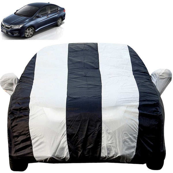 Autofact City Idtech Car Cover - EasyShield - Car Body Cover for Honda City Idtech - With Mirror Pockets, Triple Stitched, Bottom Fully Elastic, Adjustable Belt and Buckle (White Blue Stripes)