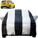 Autofact Figo Old Model Car Cover - EasyShield - Car Body Cover for Ford Figo Old Model - With Mirror Pockets, Triple Stitched, Bottom Fully Elastic, Adjustable Belt and Buckle (White Blue Stripes)
