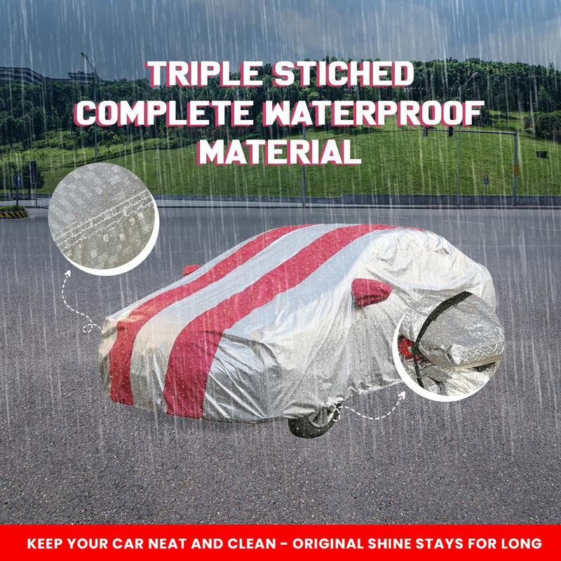 Autofact 3 Series Car Cover - FlexGuard - Waterproof Car Body Cover for BMW 3 Series - With Mirror Pockets, Triple Stitched, Bottom Fully Elastic, Adjustable Belt and Buckle (Silver / Pink Stripes)