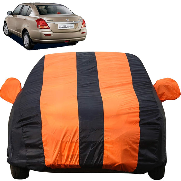 Autofact Swift Dzire Old Model Car Cover - EasyShield - Car Body Cover for Maruti Swift Dzire Old Model - With Mirror Pockets, Triple Stitched, Bottom Fully Elastic, Adjustable Belt and Buckle (Orange Blue Stripes)