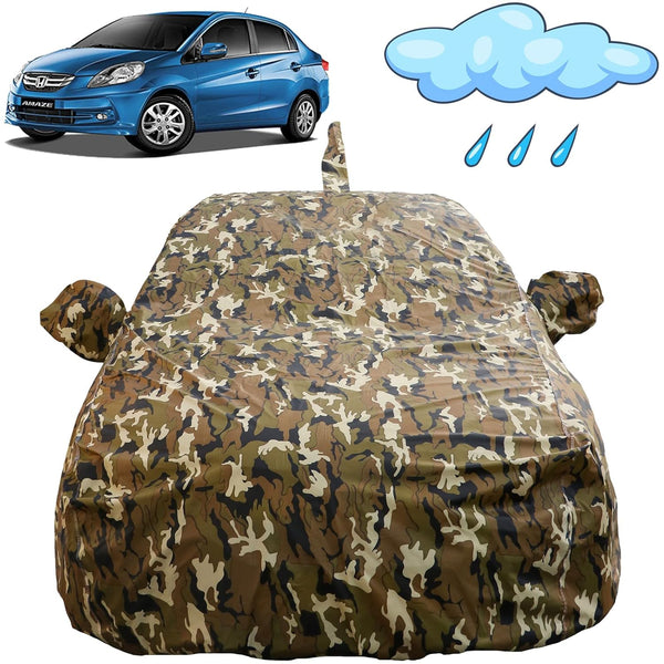 Autofact Amaze Old Model Car Cover - FlexGuard - Waterproof Car Body Cover for Honda Amaze Old Model - With Mirror & Antenna Pockets, Triple Stitched, Bottom Fully Elastic, Adjustable Belt and Buckle (Camouflage)
