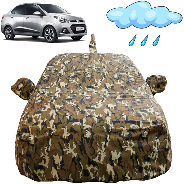 Autofact Xcent Car Cover - FlexGuard - Waterproof Car Body Cover for Hyundai Xcent - With Mirror & Antenna Pockets, Triple Stitched, Bottom Fully Elastic, Adjustable Belt and Buckle (Camouflage)