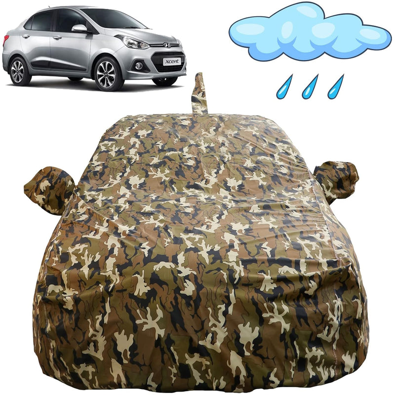 Autofact Xcent Car Cover - FlexGuard - Waterproof Car Body Cover for Hyundai Xcent - With Mirror & Antenna Pockets, Triple Stitched, Bottom Fully Elastic, Adjustable Belt and Buckle (Camouflage)