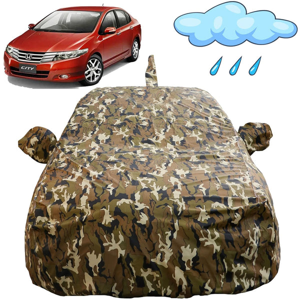 Autofact City Ivtech Car Cover - FlexGuard - Waterproof Car Body Cover for Honda City Ivtech - With Mirror & Antenna Pockets, Triple Stitched, Bottom Fully Elastic, Adjustable Belt and Buckle (Camouflage)