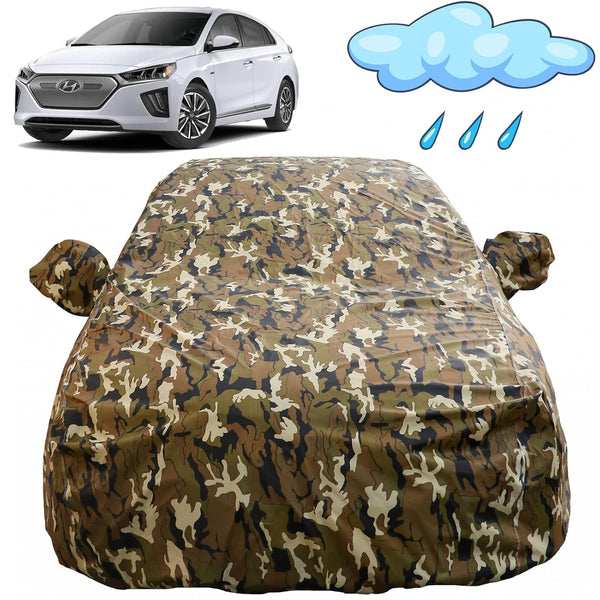 Autofact Ioniq Car Cover - FlexGuard - Waterproof Car Body Cover for Hyundai Ioniq - With Mirror Pockets, Triple Stitched, Bottom Fully Elastic, Adjustable Belt and Buckle (Camouflage)