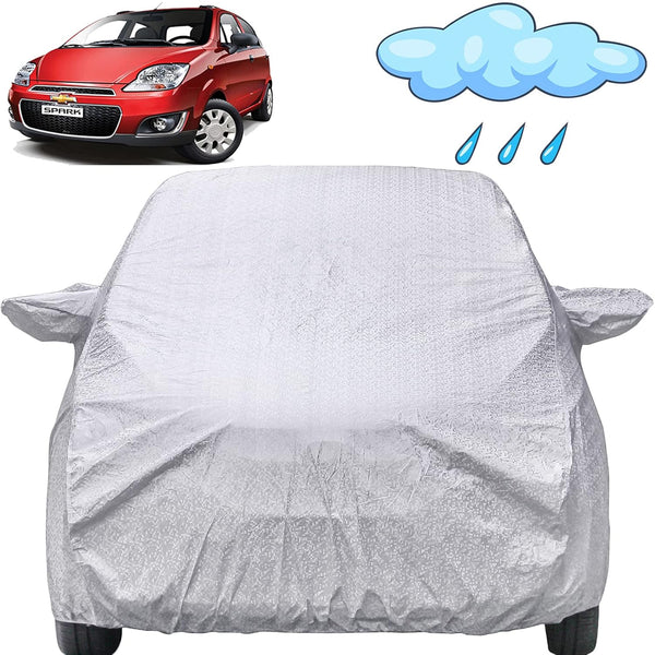 Autofact Spark Car Cover - FlexGuard - Waterproof Car Body Cover for Chevrolet Spark - With Mirror Pockets, Triple Stitched, Bottom Fully Elastic, Adjustable Belt and Buckle (Silver)