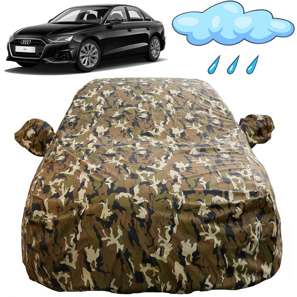 Autofact A4 Car Cover - FlexGuard - Waterproof Car Body Cover for Audi A4 - With Mirror Pockets, Triple Stitched, Bottom Fully Elastic, Adjustable Belt and Buckle (Camouflage)