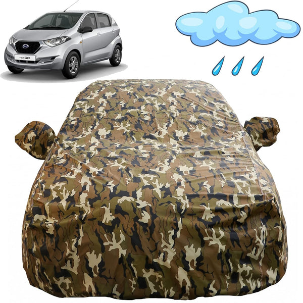 Autofact Redi Go Car Cover - FlexGuard - Waterproof Car Body Cover for Nissan Redi Go - With Mirror Pockets, Triple Stitched, Bottom Fully Elastic, Adjustable Belt and Buckle (Camouflage)